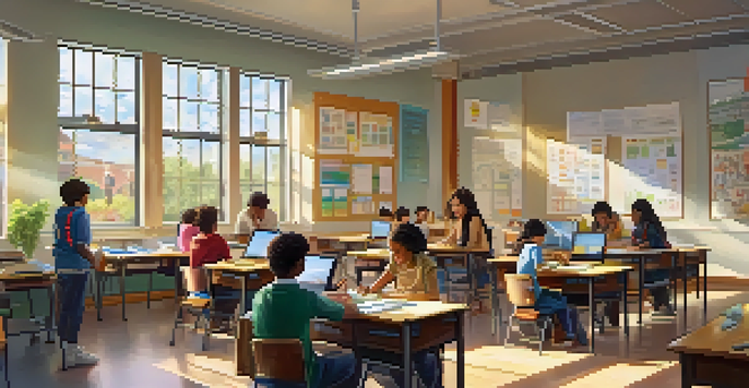 A bright classroom with diverse students engaged in learning activities, including computer work and collaboration. A teacher interacts positively with a student.