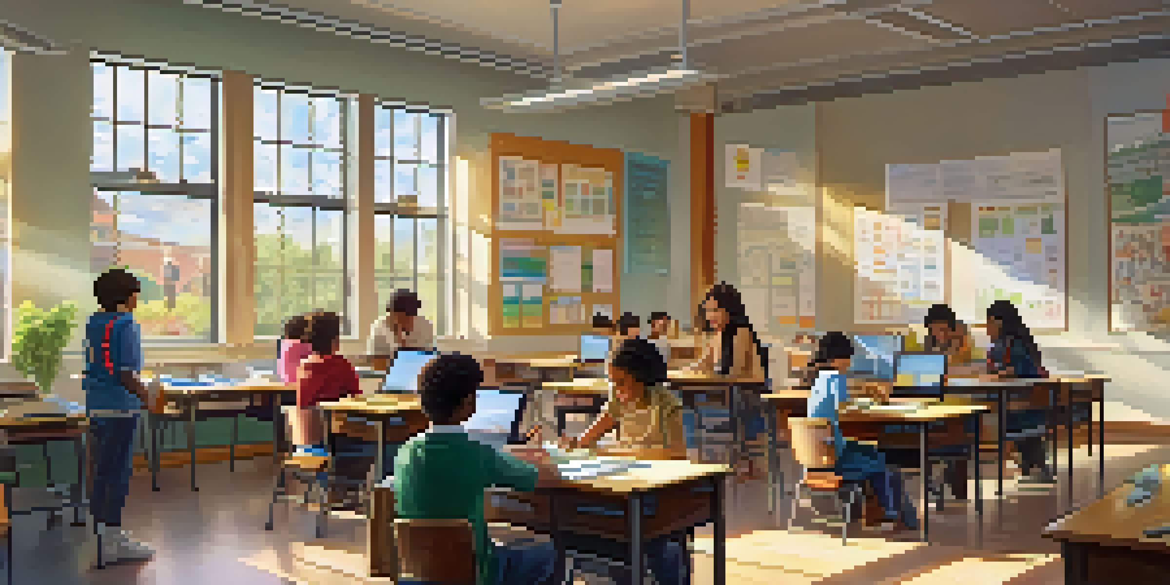 A bright classroom with diverse students engaged in learning activities, including computer work and collaboration. A teacher interacts positively with a student.