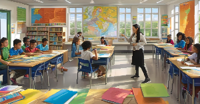A diverse group of students working together in a colorful classroom with educational posters and sunlight streaming in.