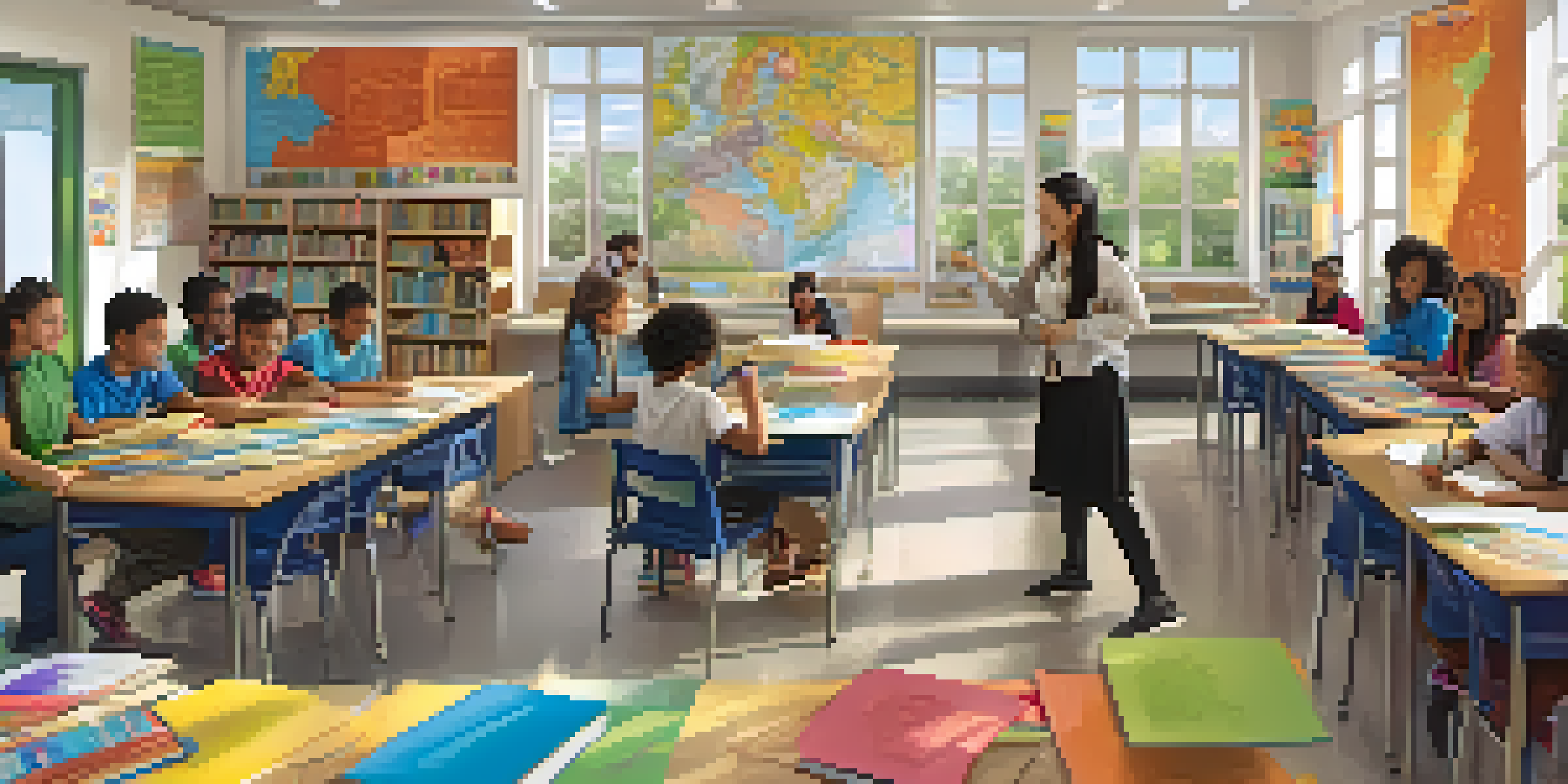 A diverse group of students working together in a colorful classroom with educational posters and sunlight streaming in.