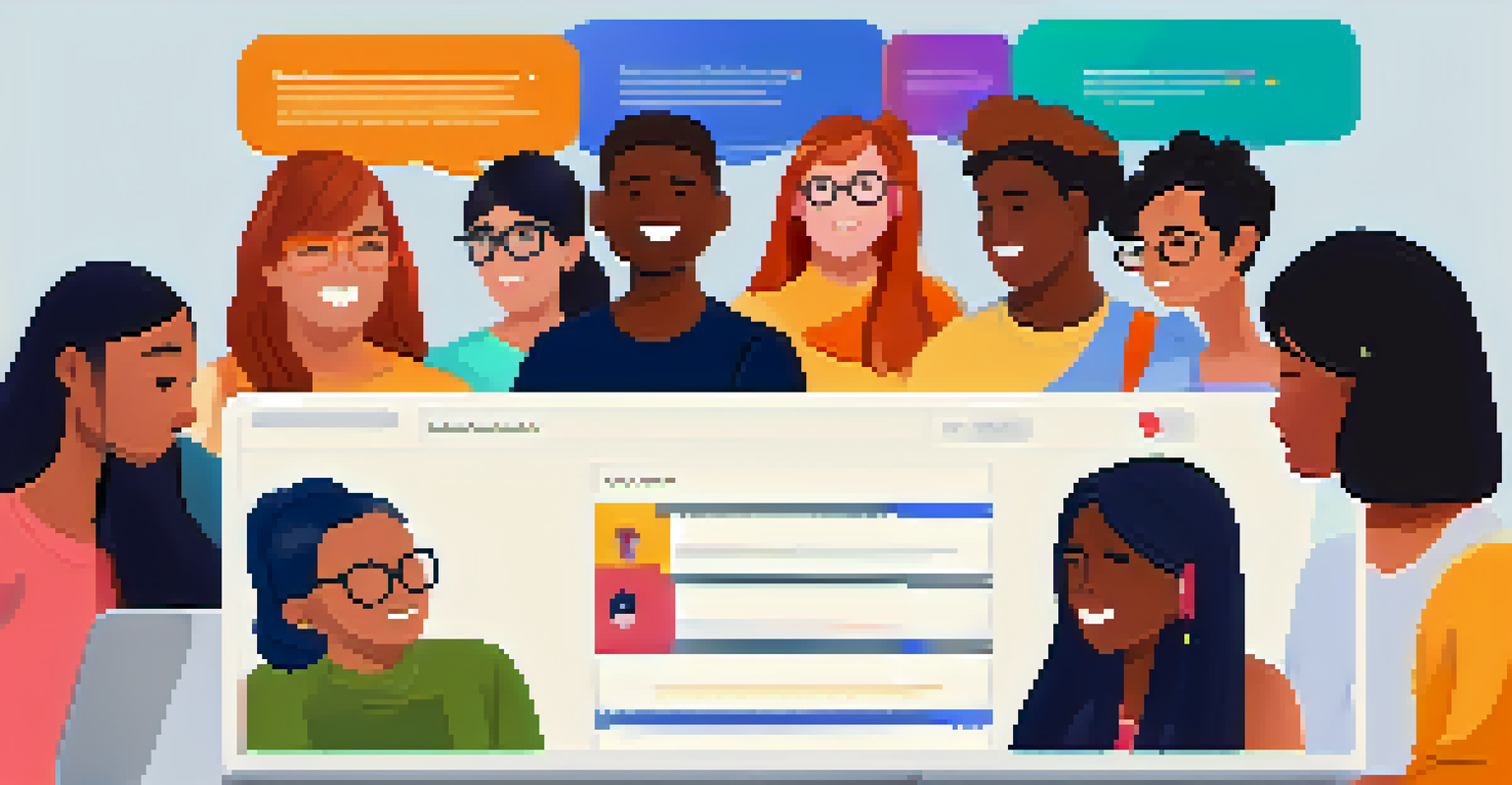 A lively online discussion board with colorful avatars and text bubbles, showcasing active conversations among students across various topics.