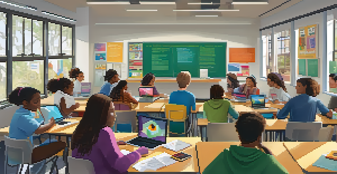 A lively classroom with diverse students using laptops and tablets, illustrating collaboration and engagement with educational resources.