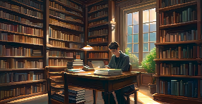A cozy library with a person using a laptop at a wooden table, surrounded by bookshelves and plants.