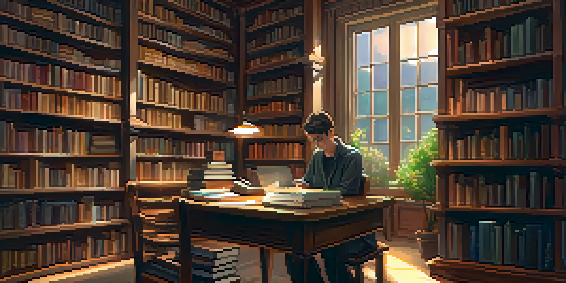 A cozy library with a person using a laptop at a wooden table, surrounded by bookshelves and plants.