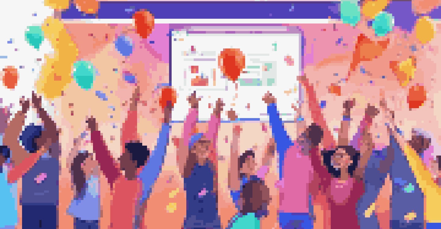An online learning community celebrating achievements with a virtual party scene, featuring animated confetti, balloons, and cheering participants.
