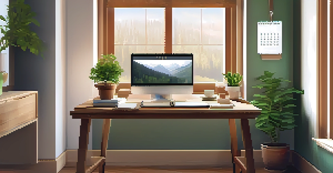 A cozy workspace with a wooden desk, laptop, coffee cup, and plant, illuminated by natural light.