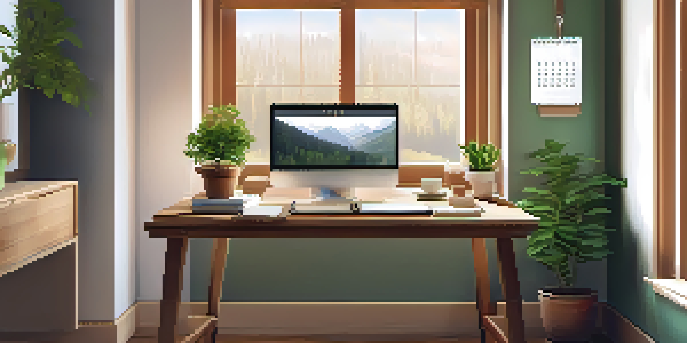 A cozy workspace with a wooden desk, laptop, coffee cup, and plant, illuminated by natural light.