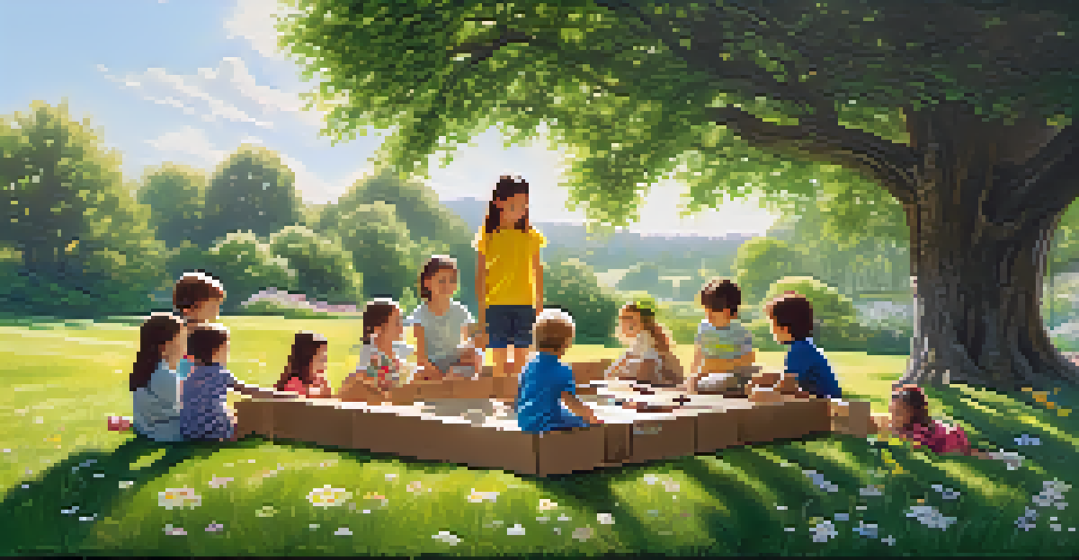 Children playing with a cardboard box, pretending it's a spaceship, surrounded by nature and sunlight.