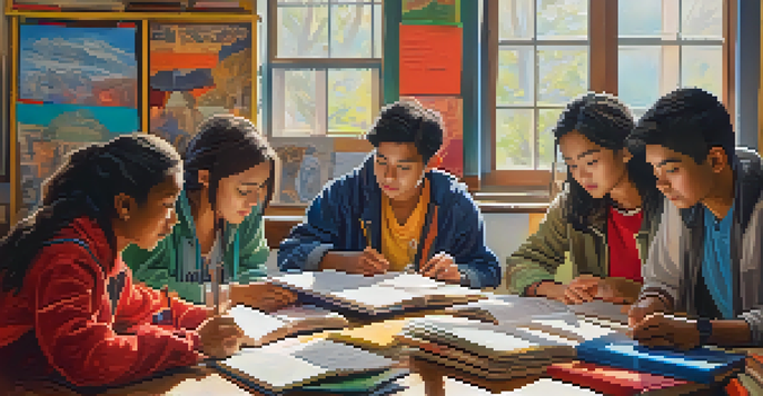 A group of diverse students collaborating on a project at a table with textbooks and laptops, illuminated by natural light.