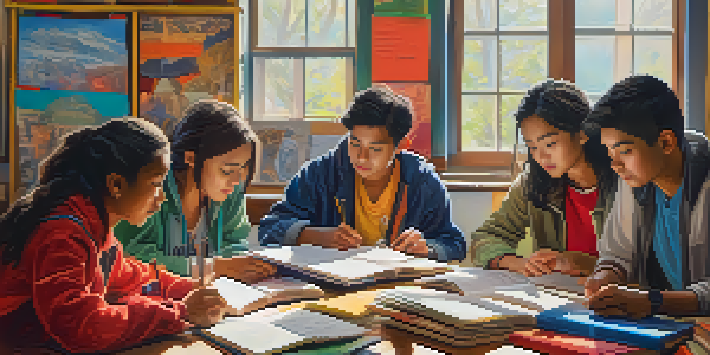 A group of diverse students collaborating on a project at a table with textbooks and laptops, illuminated by natural light.