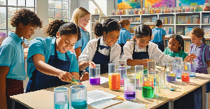 A classroom with students mixing colorful liquids in beakers while a teacher guides them, showcasing collaboration and engagement in a science project.