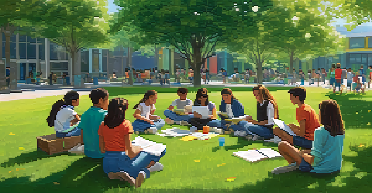A teacher conducting an outdoor lesson with students seated on the grass, using laptops and discussing, surrounded by nature.