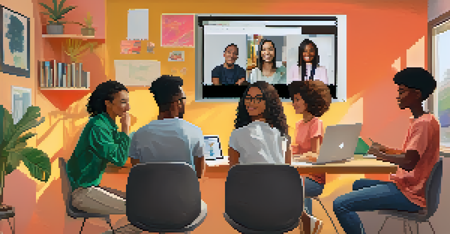 Four students studying online, each in their personalized study spaces, connected through a video call.