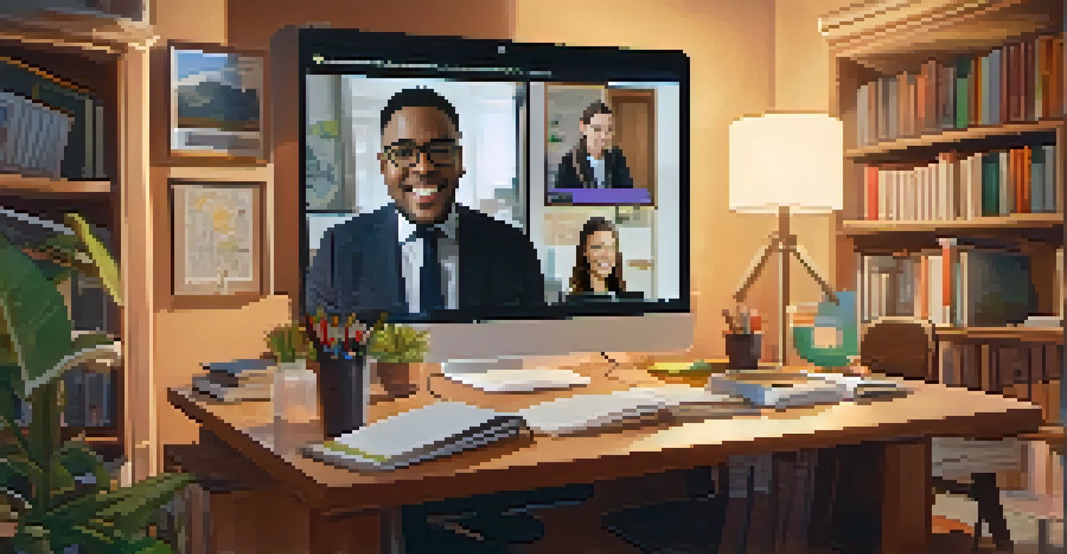 An educator teaching a virtual class from a home office, surrounded by books, with students participating on the screen.