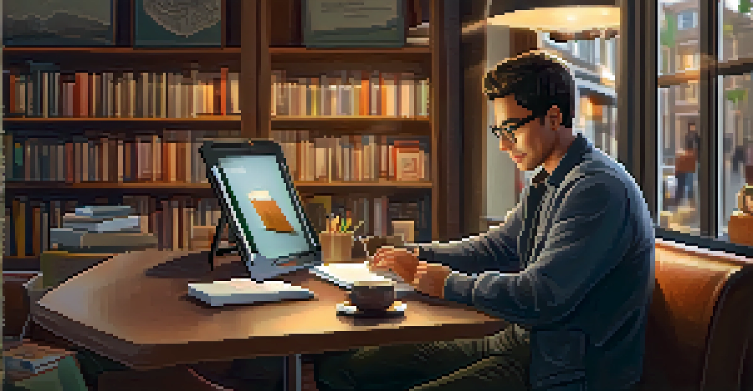 An educator sitting in a coffee shop, focused on a tablet with books and a laptop nearby, illustrating mobile learning.