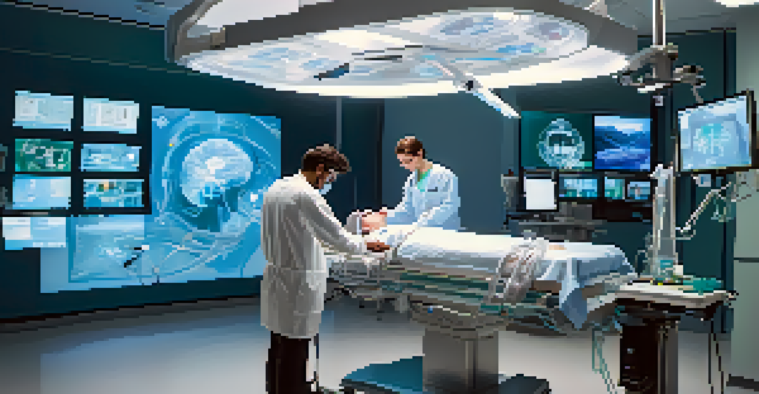 Medical student practicing surgery in a virtual hospital with high-tech monitors and holographic patient.
