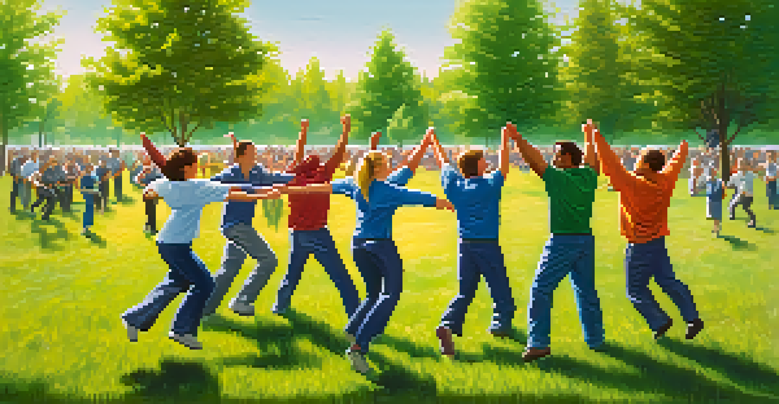 Employees engaging in a trust fall exercise during an outdoor team-building activity.