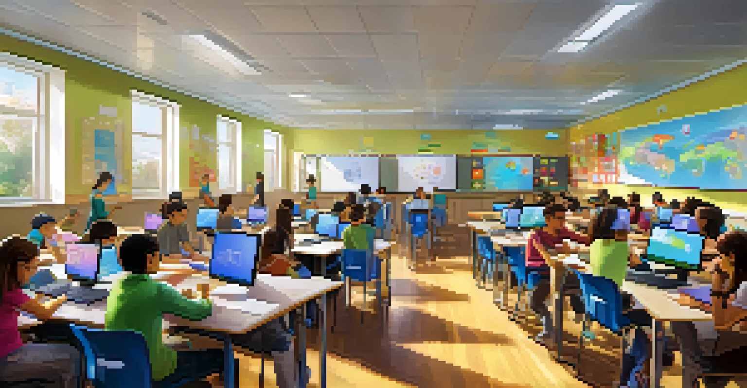 Students in a classroom using technology for project-based learning, collaborating in groups with a teacher present.