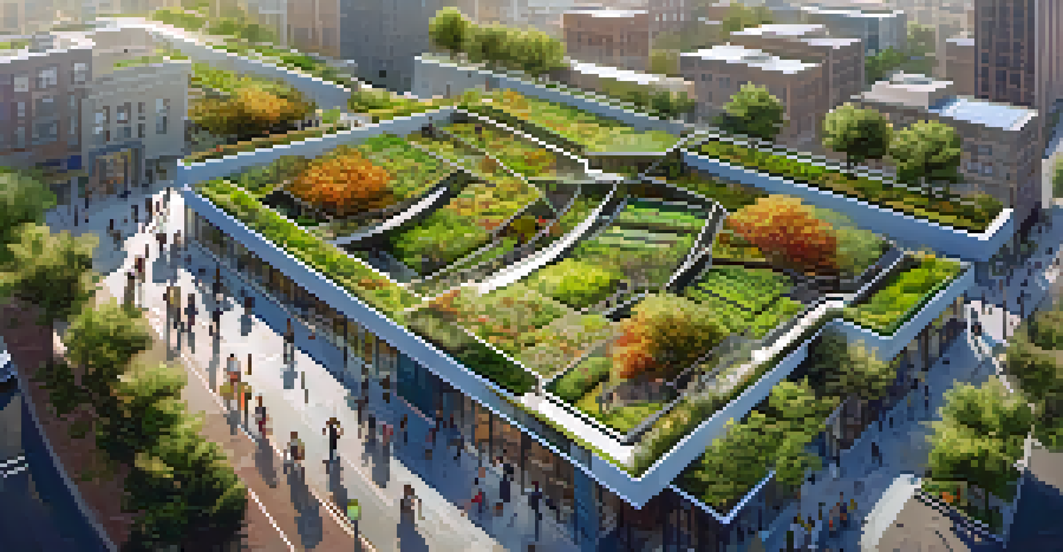 An aerial view of a sustainable city featuring green roofs, solar panels, and community gardens, with people of different backgrounds enjoying the urban environment.