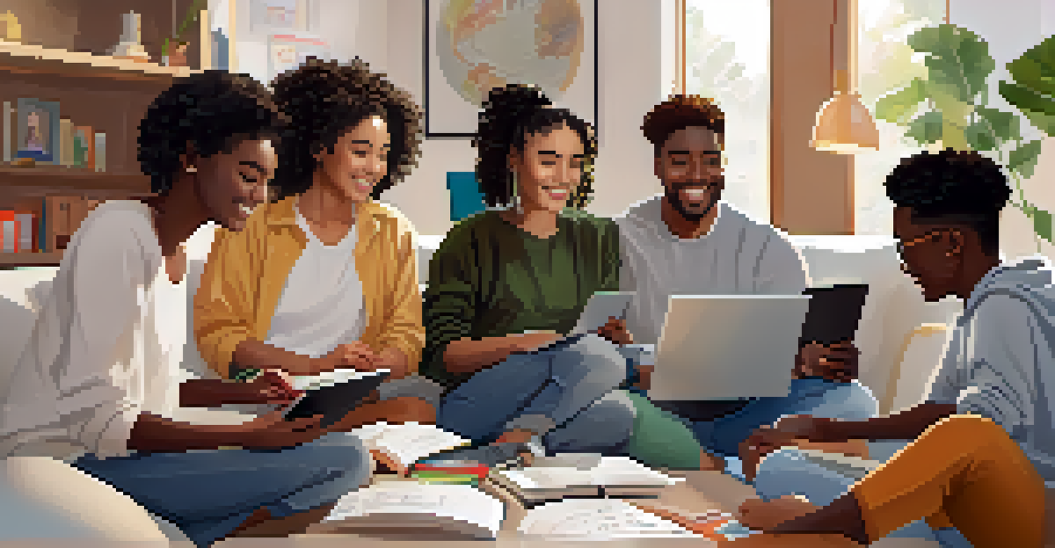 A group of students participating in an online study session, smiling and collaborating over their laptops in a cheerful living room.