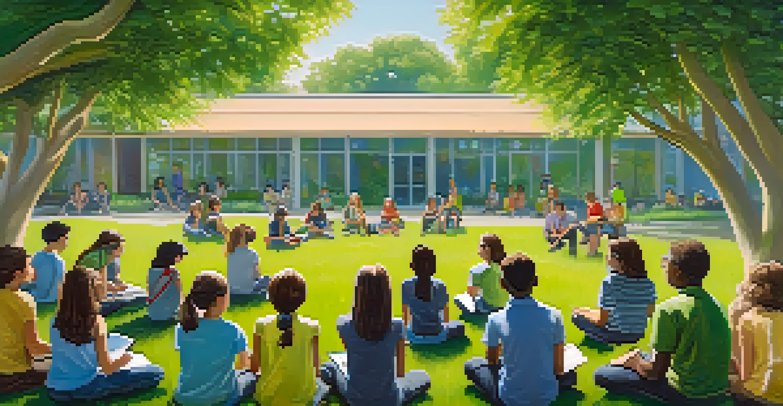 A teacher discussing climate change with students outdoors in a park setting, surrounded by nature.