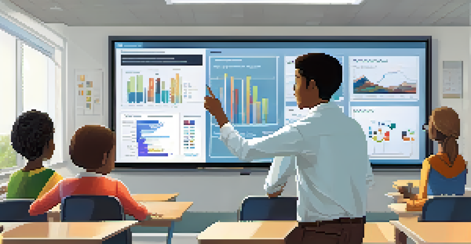 A teacher presenting real-time student performance data on a digital screen in a modern classroom, with attentive students in the background.