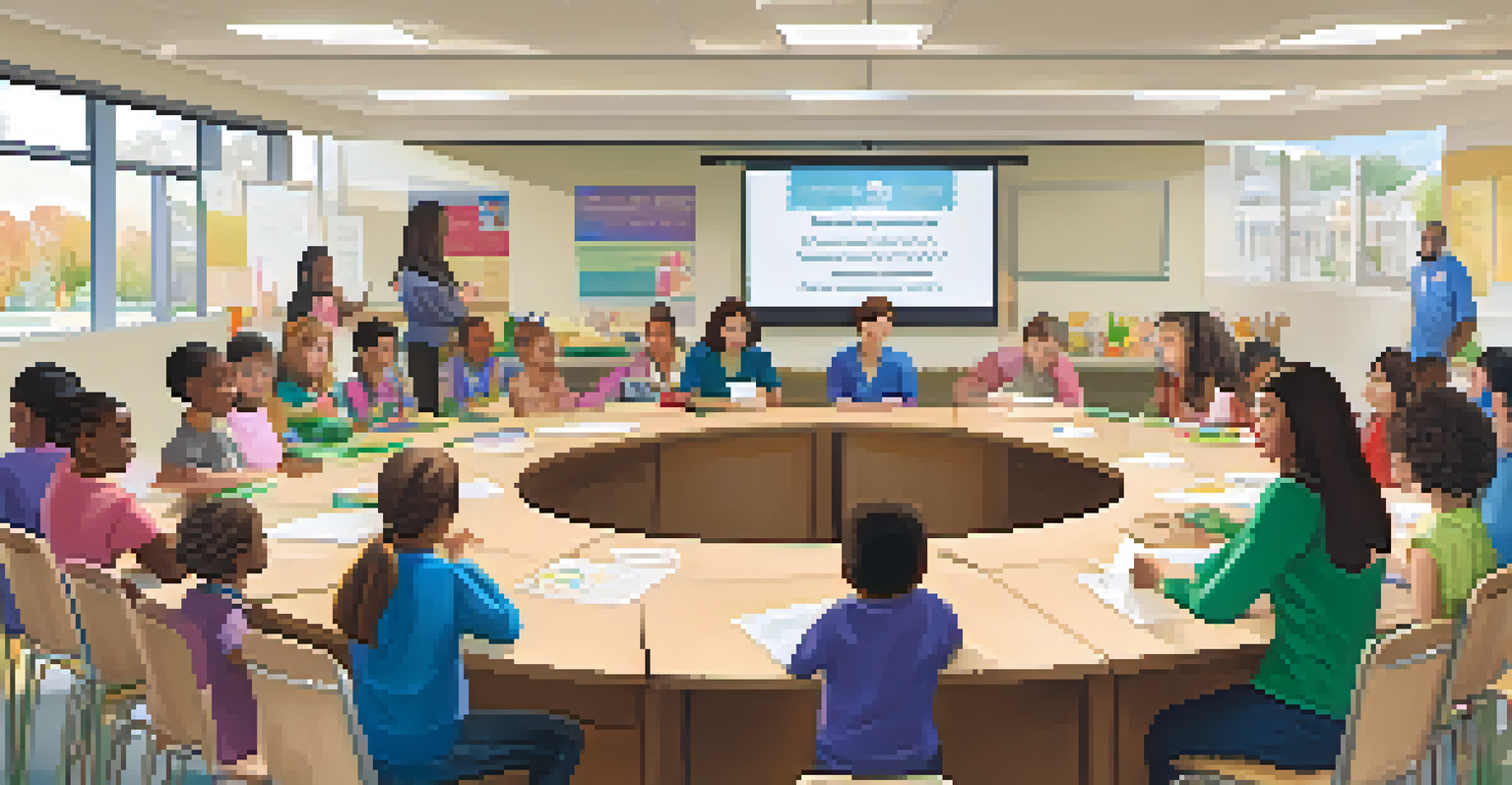 Parents and teachers gathered around a table discussing student progress in a school setting, with educational materials visible.
