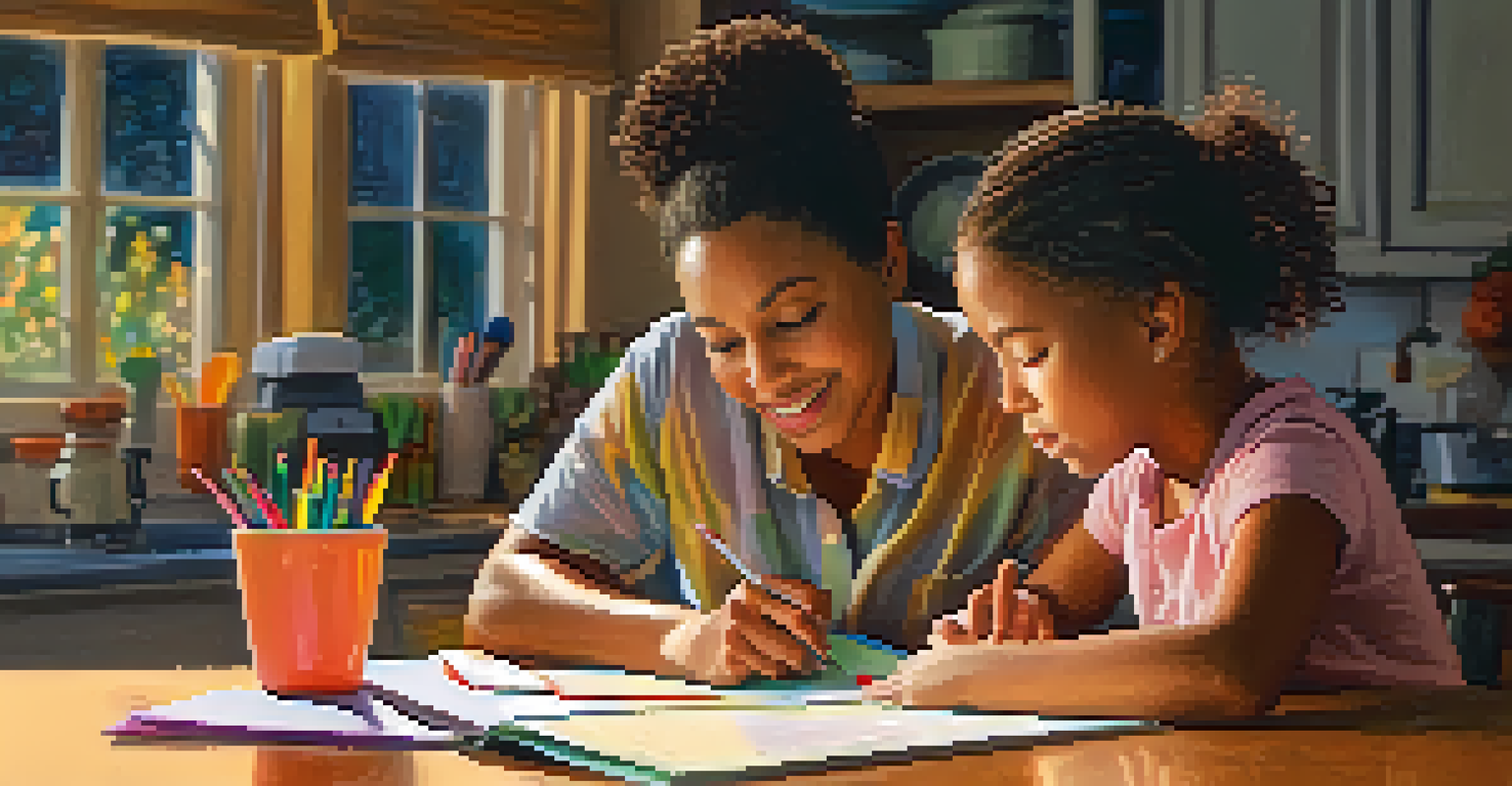 A parent and child collaborating on coping strategies at a kitchen table, with colorful materials and a warm atmosphere.