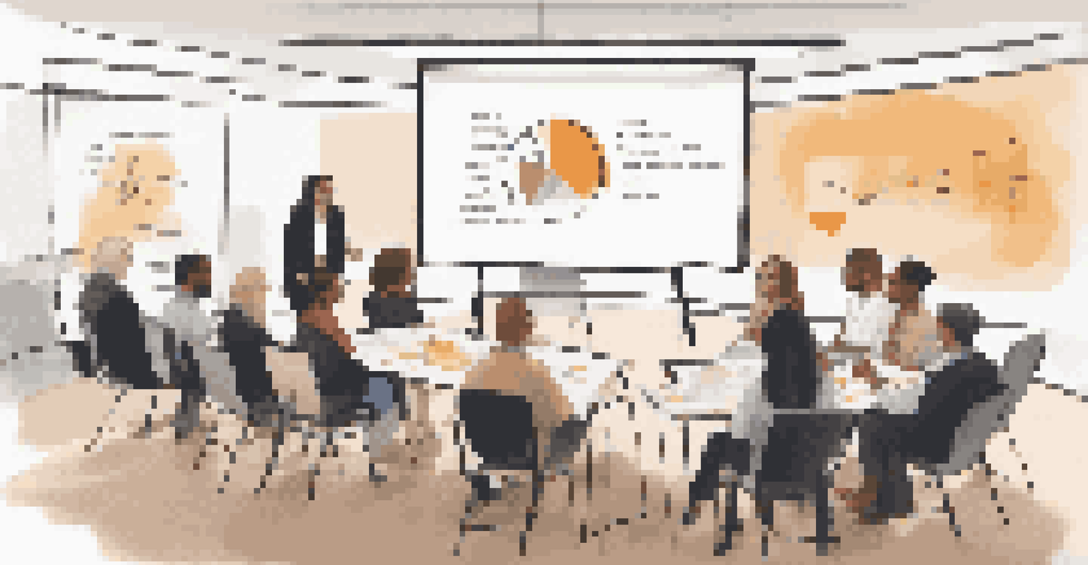 An overhead view of a meeting where participants discuss evaluation insights from a mentoring program, with charts and graphs displayed on a projector screen.