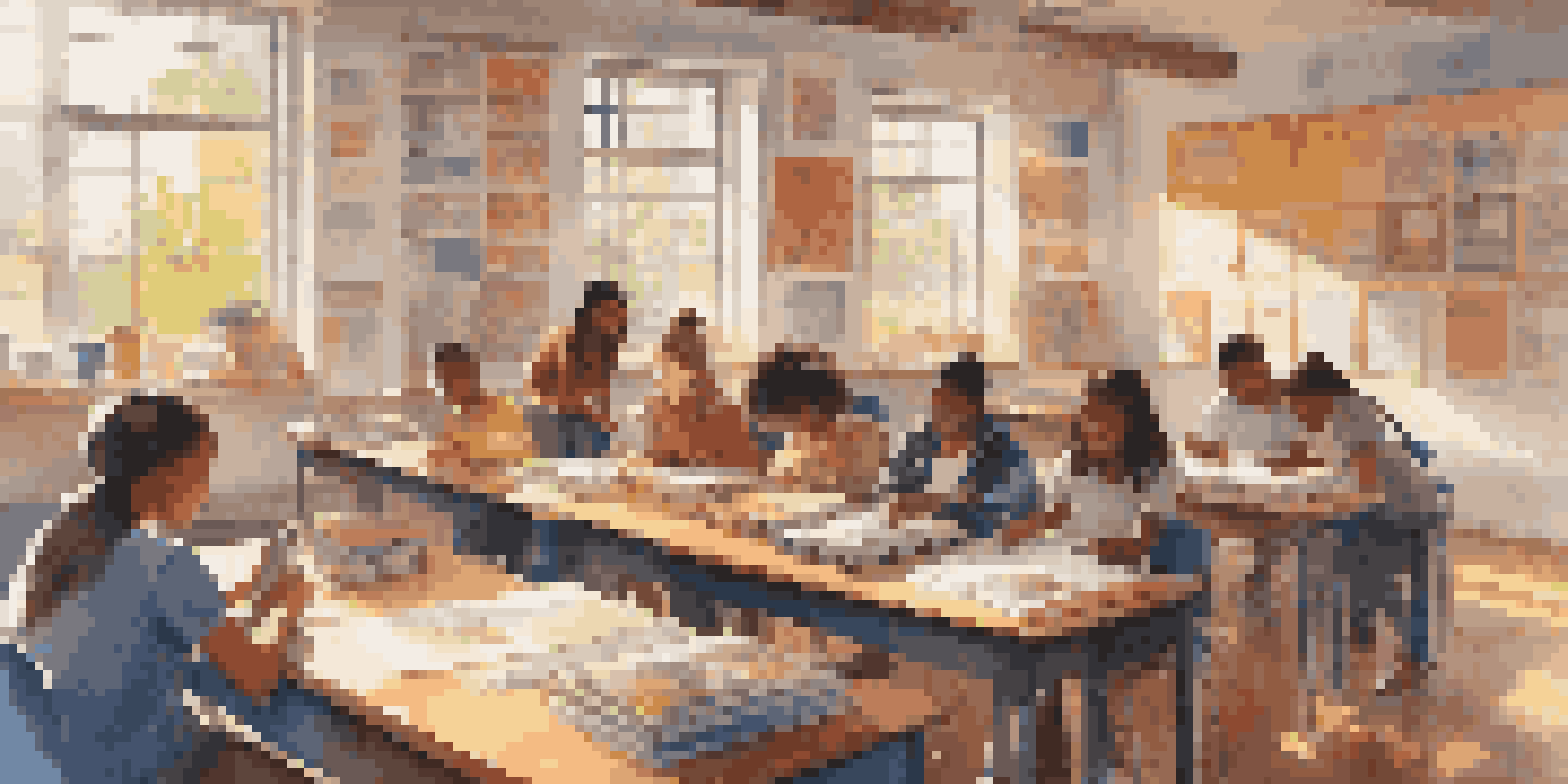 A lively classroom filled with diverse students collaborating on a project, with sunlight illuminating the space and educational materials around them.