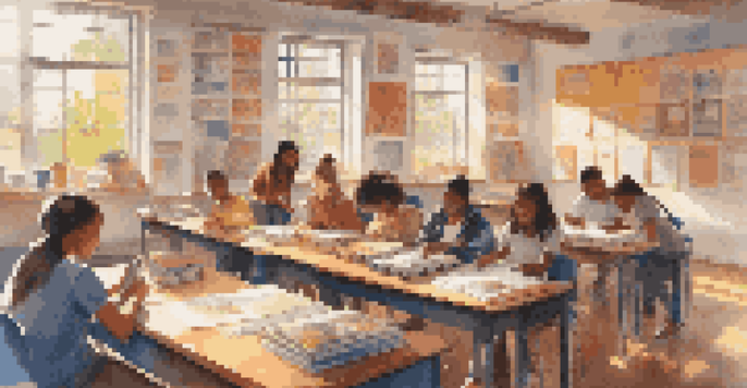 A lively classroom filled with diverse students collaborating on a project, with sunlight illuminating the space and educational materials around them.