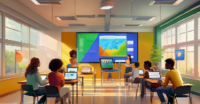 A diverse group of students working together in a virtual classroom, engaged in a video call with laptops and shared documents.