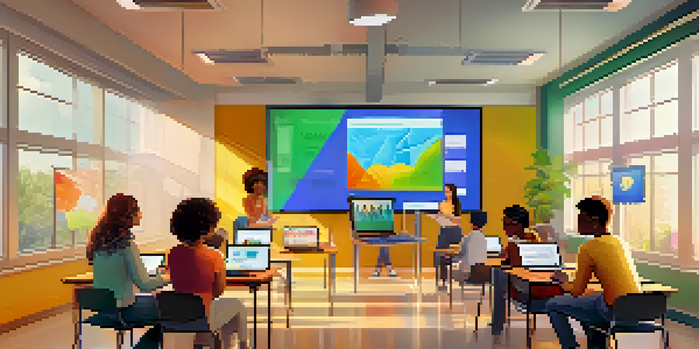 A diverse group of students working together in a virtual classroom, engaged in a video call with laptops and shared documents.