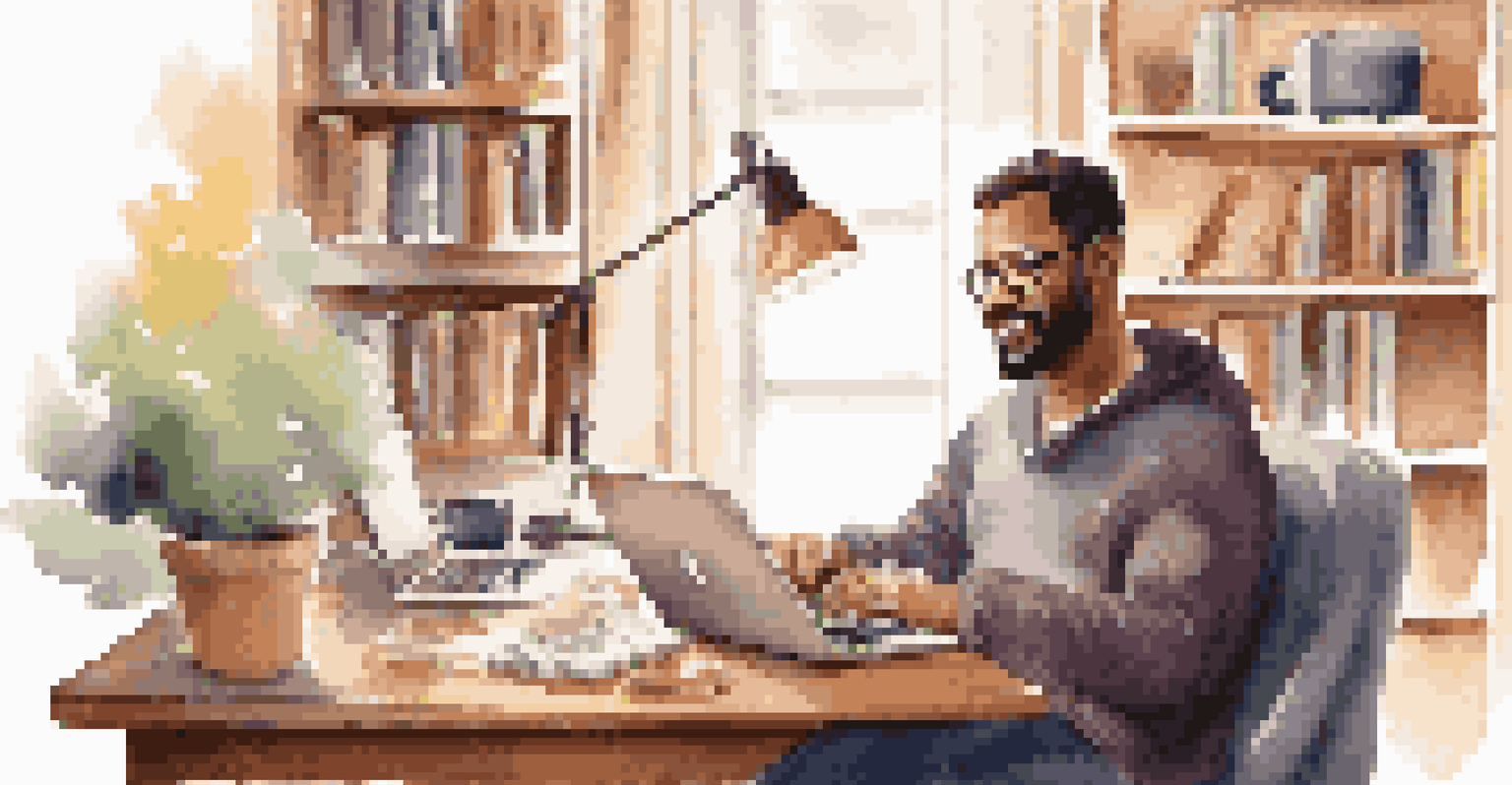 An adult learner studying at home with a laptop, surrounded by books and a comforting atmosphere.