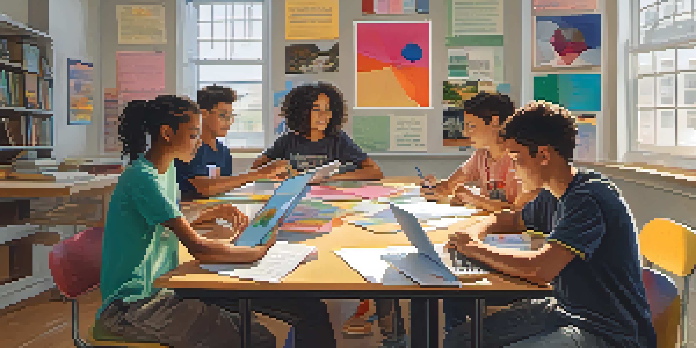 A group of diverse students actively discussing and using technology in a bright classroom.