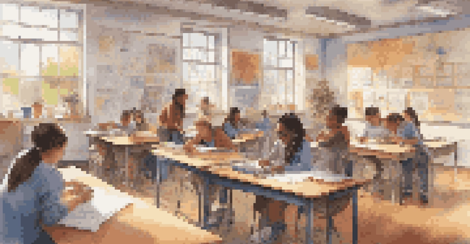 A diverse group of students working together on an interdisciplinary project in a colorful classroom filled with art and science materials.