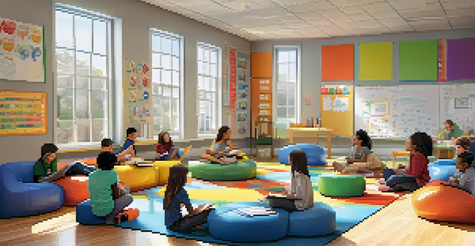A bright classroom with flexible seating arrangements, filled with students collaborating and a teacher smiling. The walls are decorated with educational posters and student artwork.