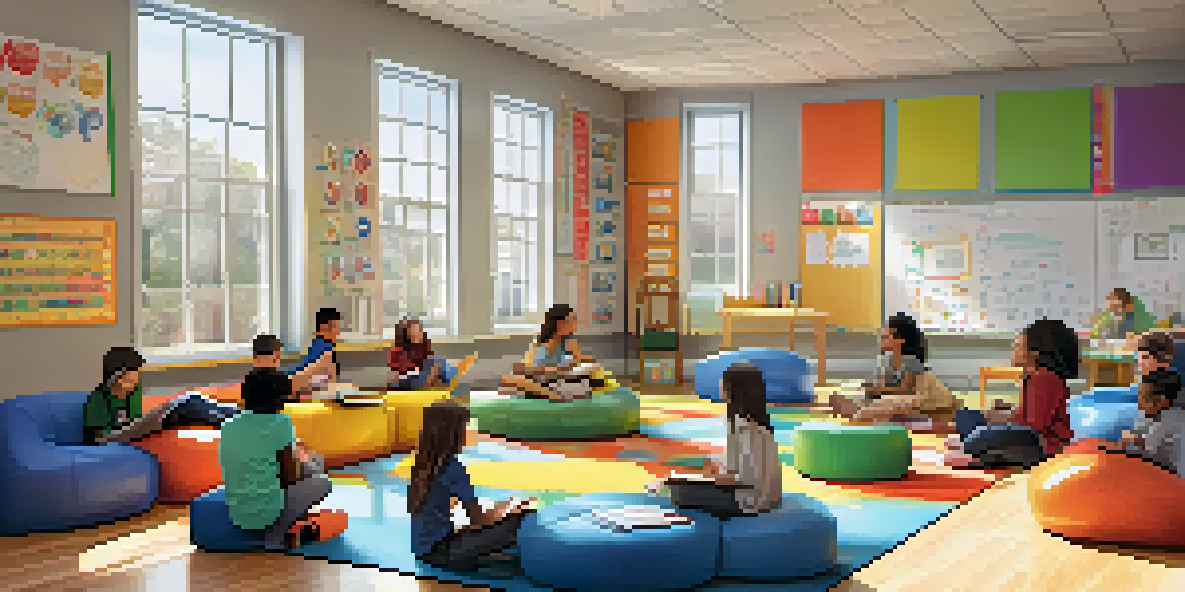 A bright classroom with flexible seating arrangements, filled with students collaborating and a teacher smiling. The walls are decorated with educational posters and student artwork.