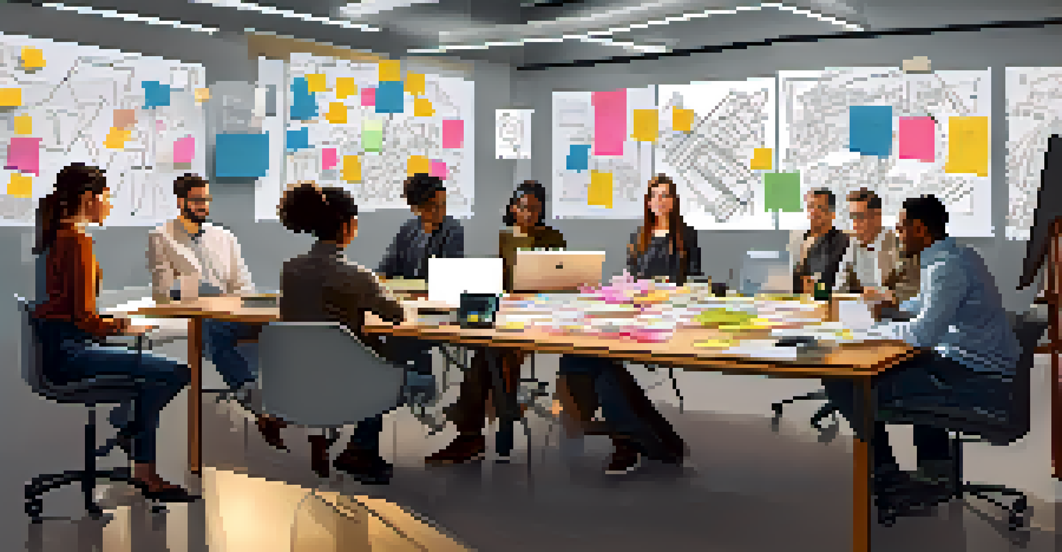 A diverse team brainstorming around a table filled with sketches and digital devices in a modern office setting.