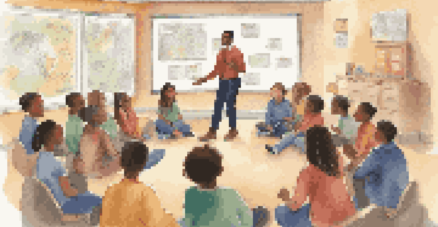 A teacher leading a group discussion with students seated in a circle, surrounded by colorful educational posters in a warm classroom setting.