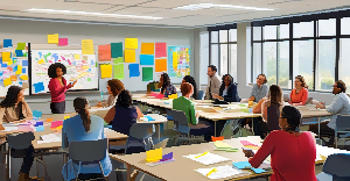 A group of diverse teachers engaged in a collaborative meeting, surrounded by notebooks and laptops in a bright room with large windows.