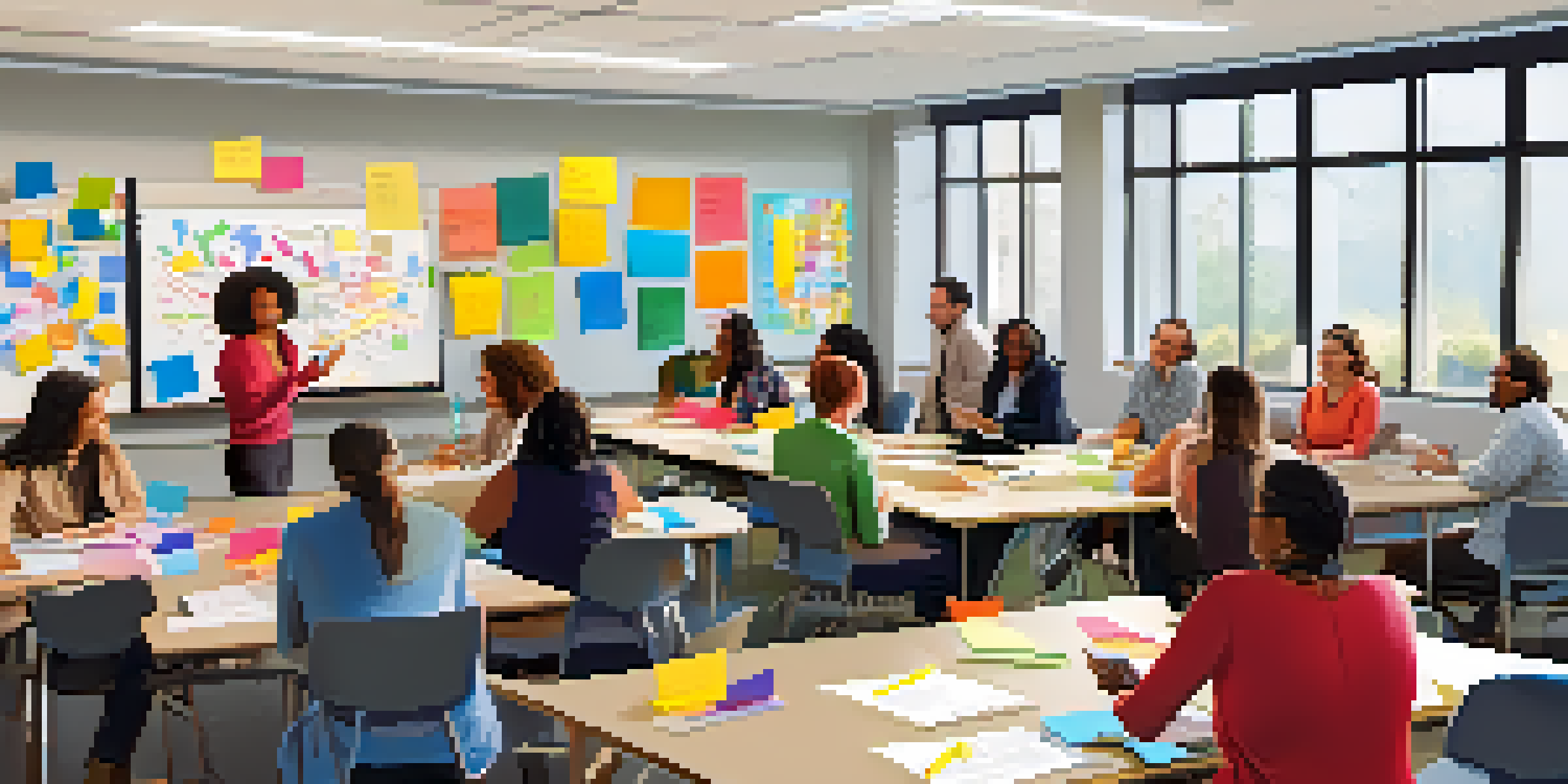 A group of diverse teachers engaged in a collaborative meeting, surrounded by notebooks and laptops in a bright room with large windows.