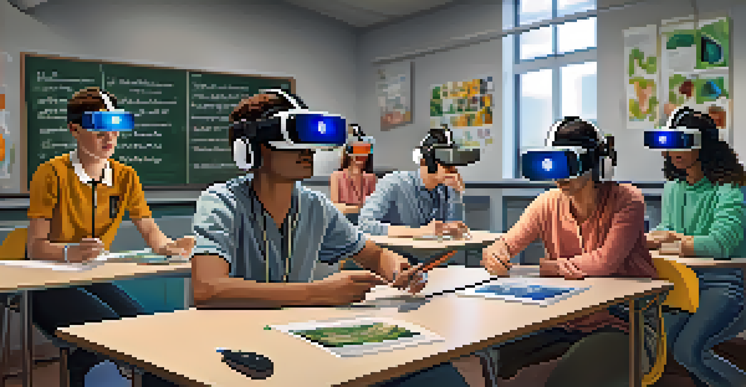 Students wearing VR headsets in a biology class, exploring the human body virtually, highlighting an immersive educational experience.