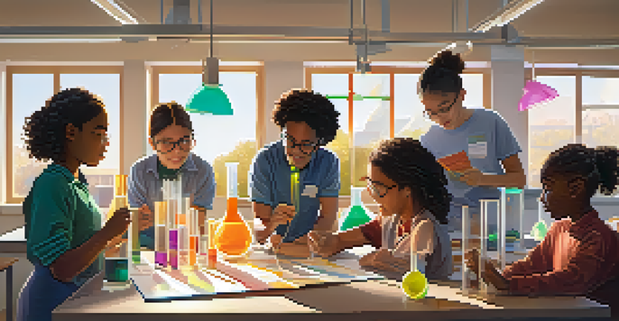 A diverse group of students working together on a science project in a bright classroom with lab equipment and sunlight coming through the windows.