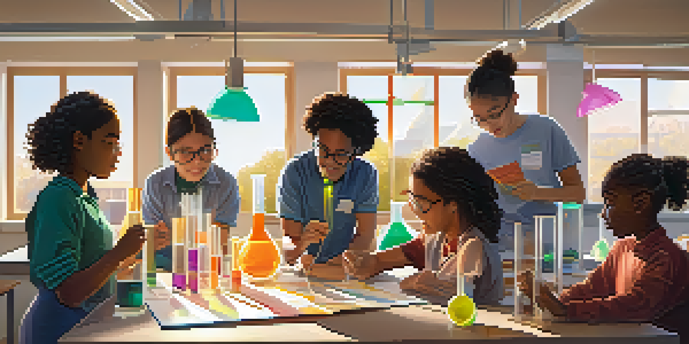 A diverse group of students working together on a science project in a bright classroom with lab equipment and sunlight coming through the windows.
