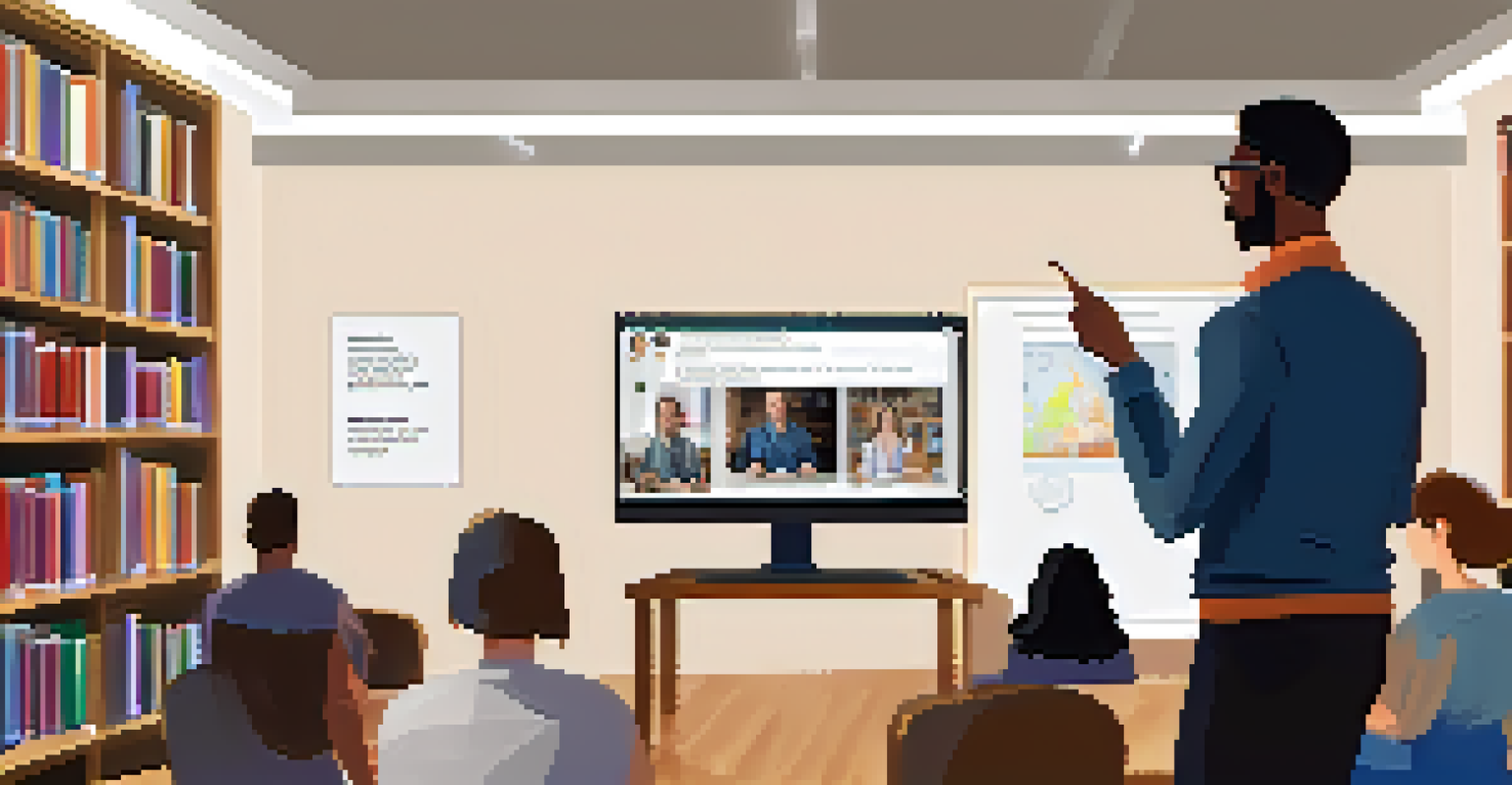 An instructor leading a live online class with an engaging atmosphere and students displayed on a large monitor.