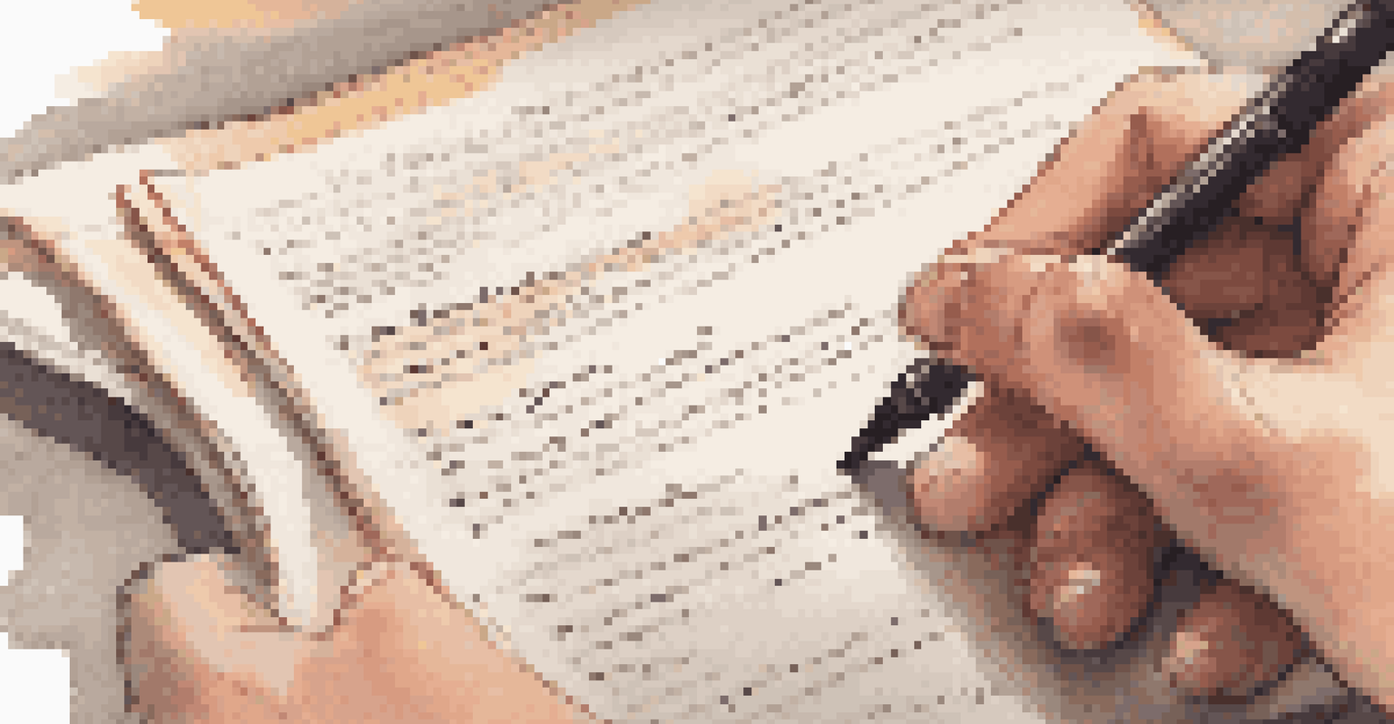 Hands exchanging feedback on a paper, one hand marking corrections while the other points to sections, with a blurred background.