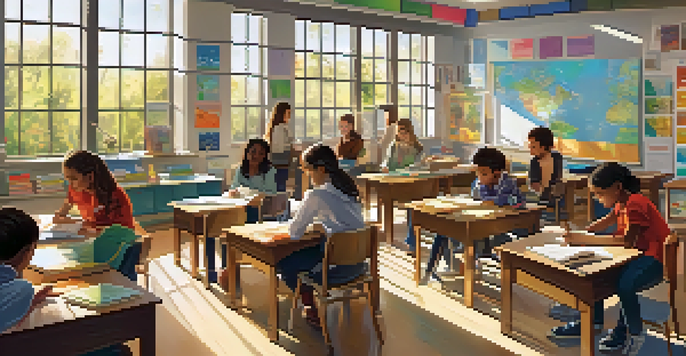 A lively classroom filled with students collaborating in small groups, with a teacher facilitating their inquiry-based learning, and sunlight streaming through the windows.