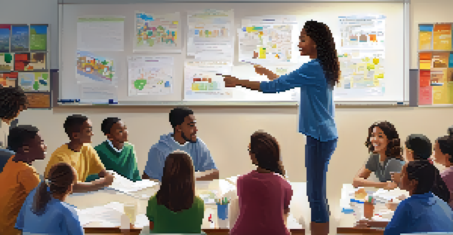 A student leading a team in a community service project, presenting ideas on a whiteboard in a community center.