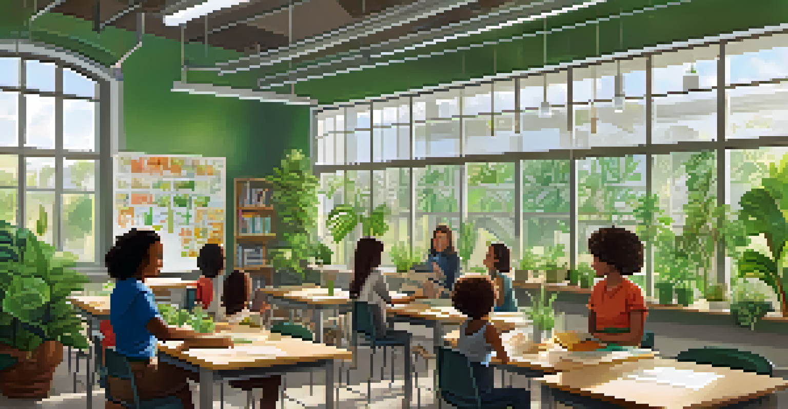 A classroom with students participating in a sustainability workshop, surrounded by educational materials and plants.